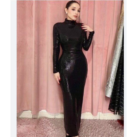 Zara Womens Long Dress Large Black Sequined Long Sleeve High Neck 4772/252 NWOT - Picture 1 of 16